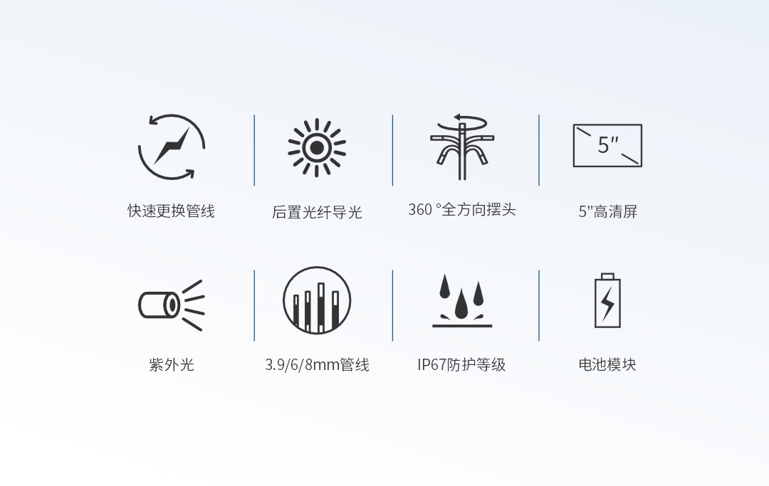 K-UV60 紫外荧光视频内窥镜主要功能:快速更换管线、后置光纤导光、360°导向、5英寸高清屏、紫外光、IP67防护和电池模块